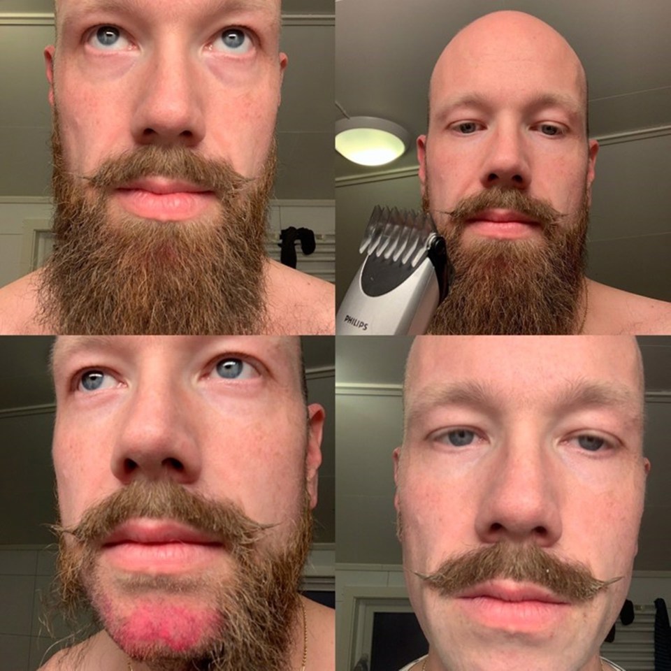 Firedelt bilde av en mann som barberer bort skjegget sitt.