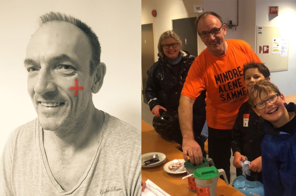 Todelt bilde, et med en mann som har malt det oransje korset til Kirkens Bymisjon i kinnet, og et med to voksne og to barn som står med bøsser.