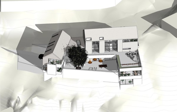 Illustrasjon av hvordan familiehusene til Barnekreftforeningen blir seende ut.