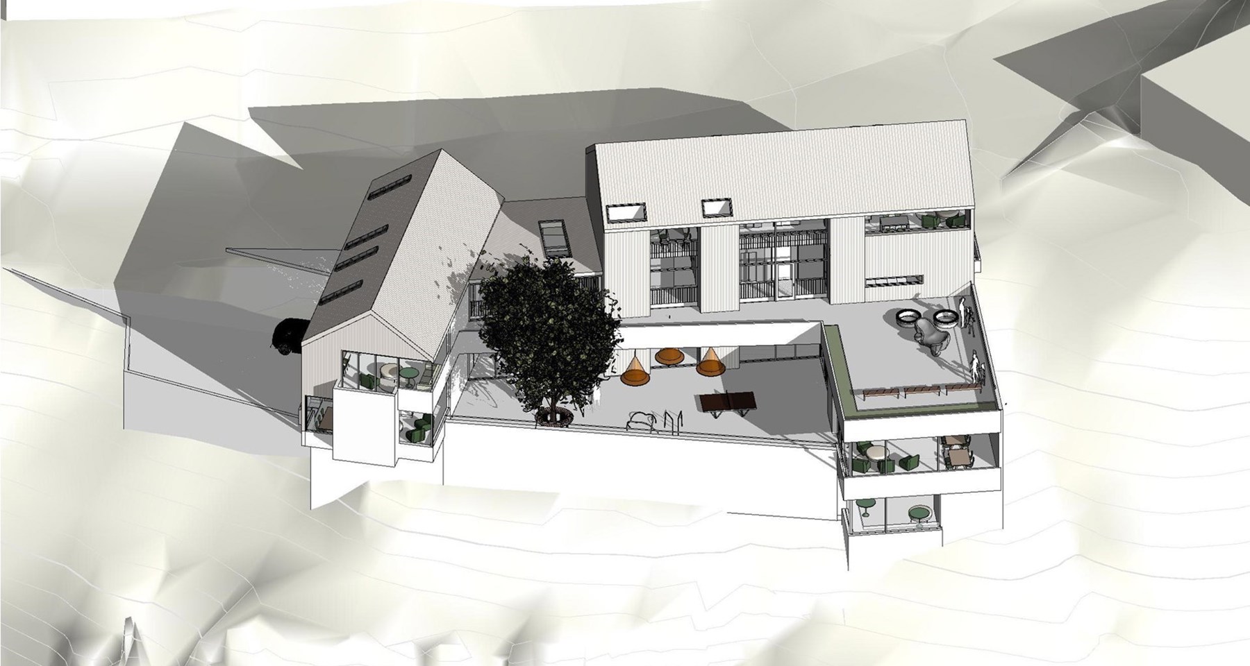 Illustrasjon av hvordan familiehusene til Barnekreftforeningen blir seende ut.