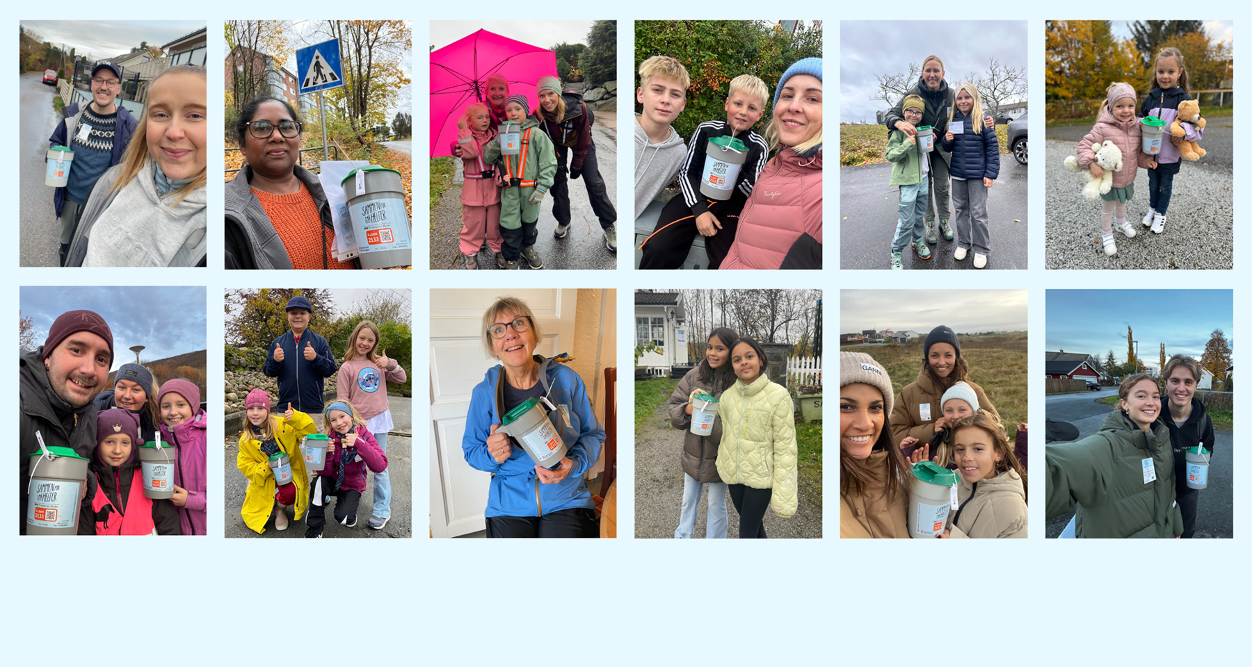 En kollasj med tolv bilder av forskjellige mennesker som er bøssebærere 