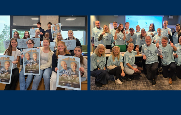 To bilder som viser en gruppe mennesker med TV-aksjonsplakater og t-skjorter fra 2024, da Barnekreftforeningen var mottaker.