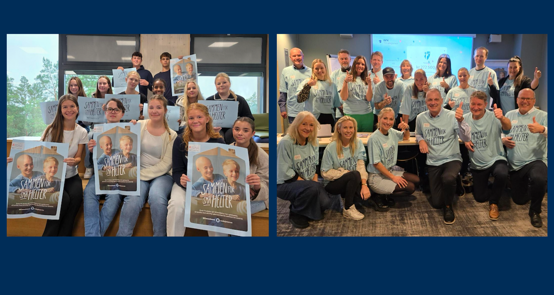 To bilder som viser en gruppe mennesker med TV-aksjonsplakater og t-skjorter fra 2024, da Barnekreftforeningen var mottaker.