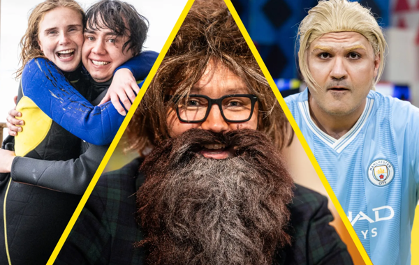 Tredelt bilde av programlederene i P3 aksjonen i kostymer. 