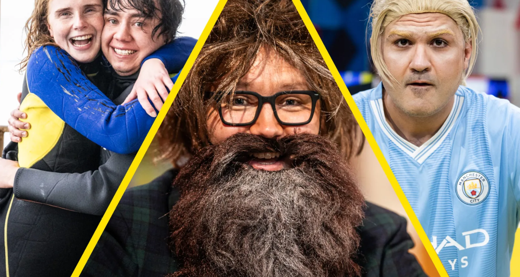 Tredelt bilde av programlederene i P3 aksjonen i kostymer. 