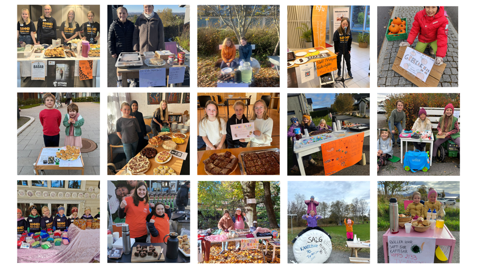 Kollasj med 15 forskjellige bilder fra basar og kakesalg for TV-aksjonen.